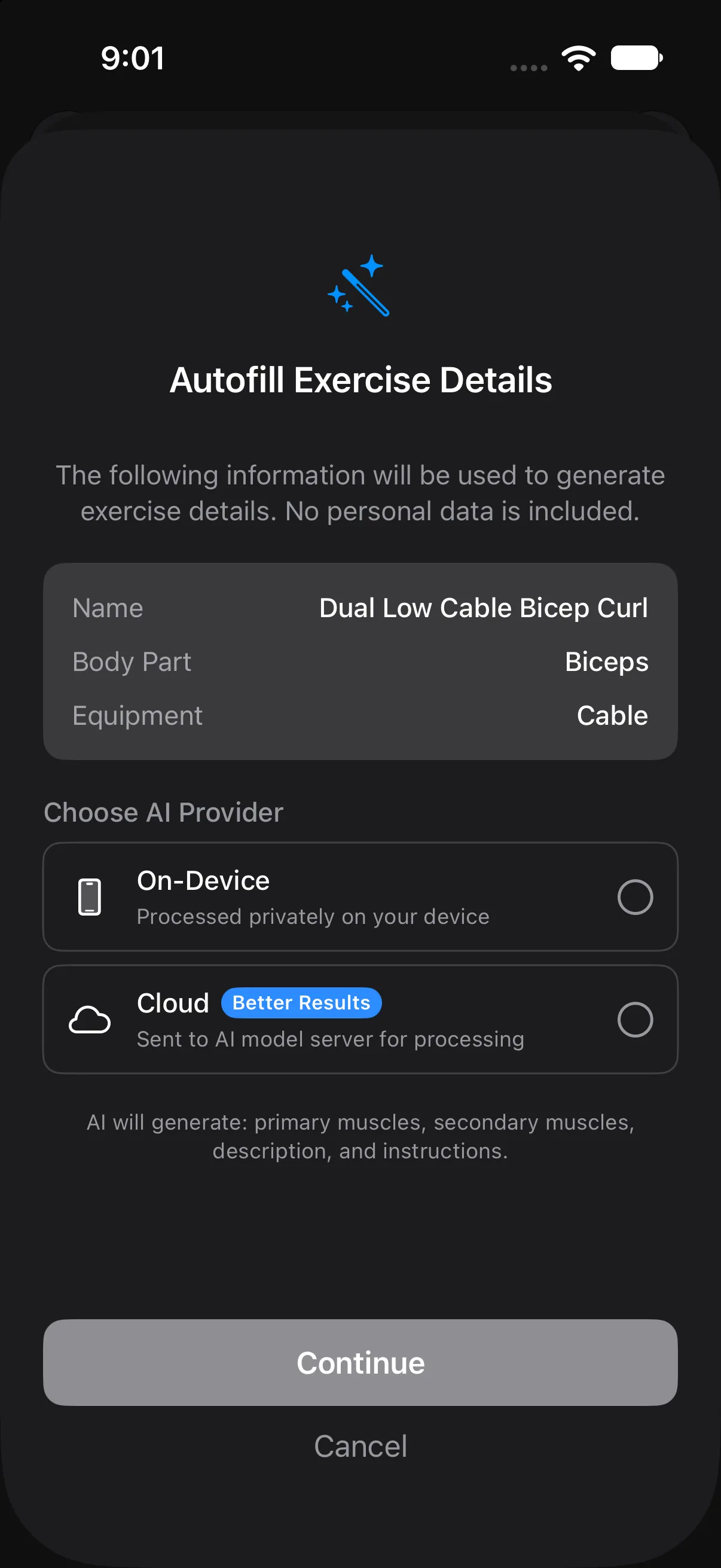 Autofill exercise details for Dual Low Cable Bicep Curl, with a choice of on-device or cloud AI