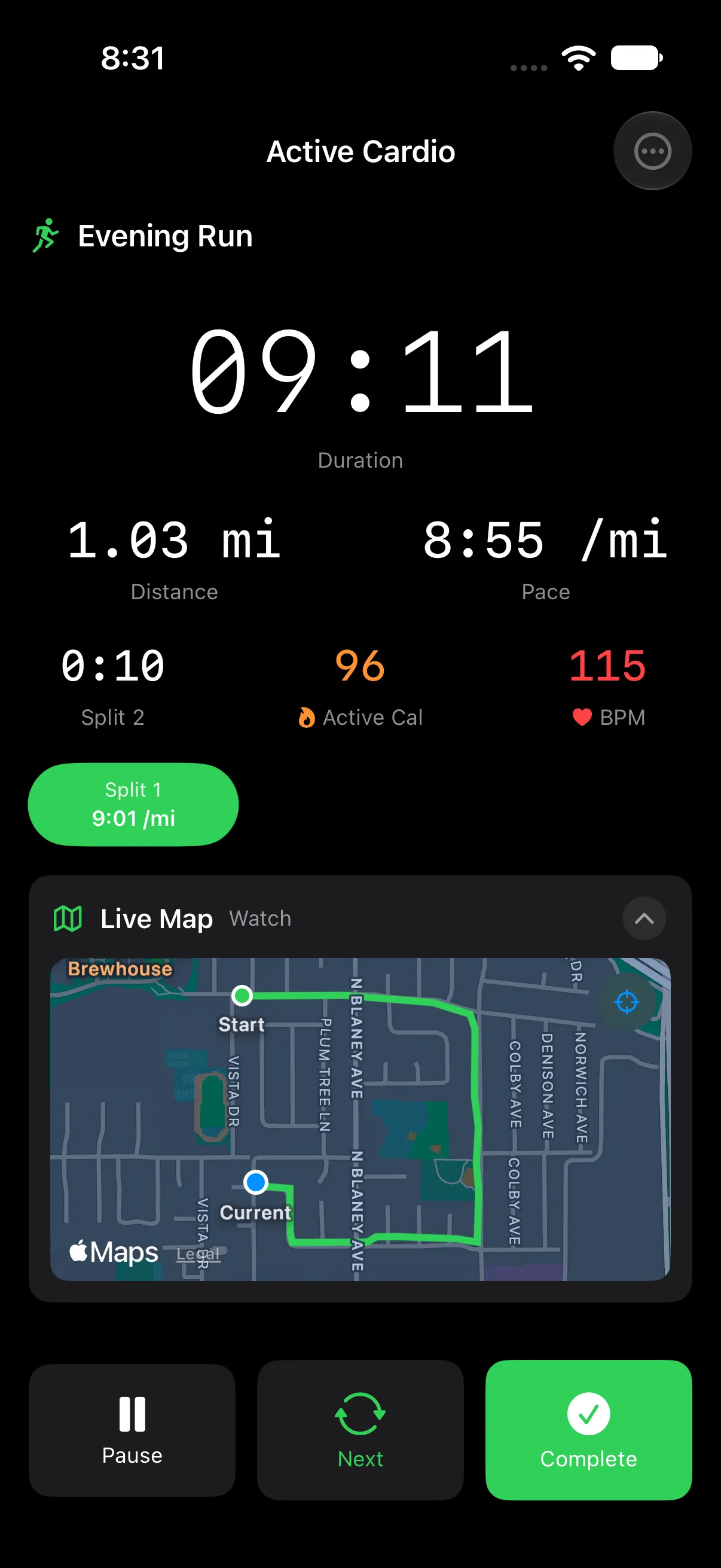 Active cardio: evening run at 1.03 miles and 8:55 per mile, with heart rate, calories and a live route map