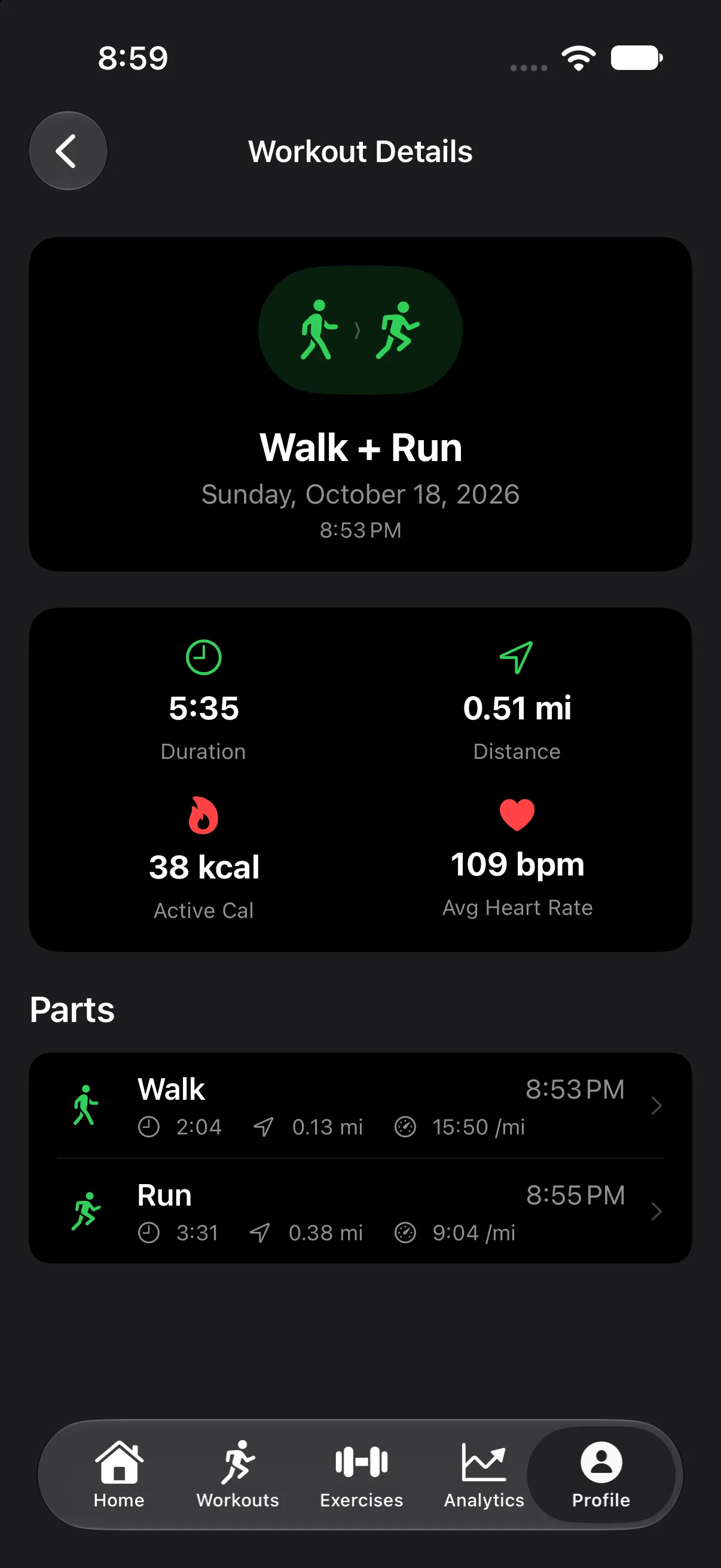 Walk + Run workout: 5:35 and 0.51 miles in total, split into a walk part and a run part