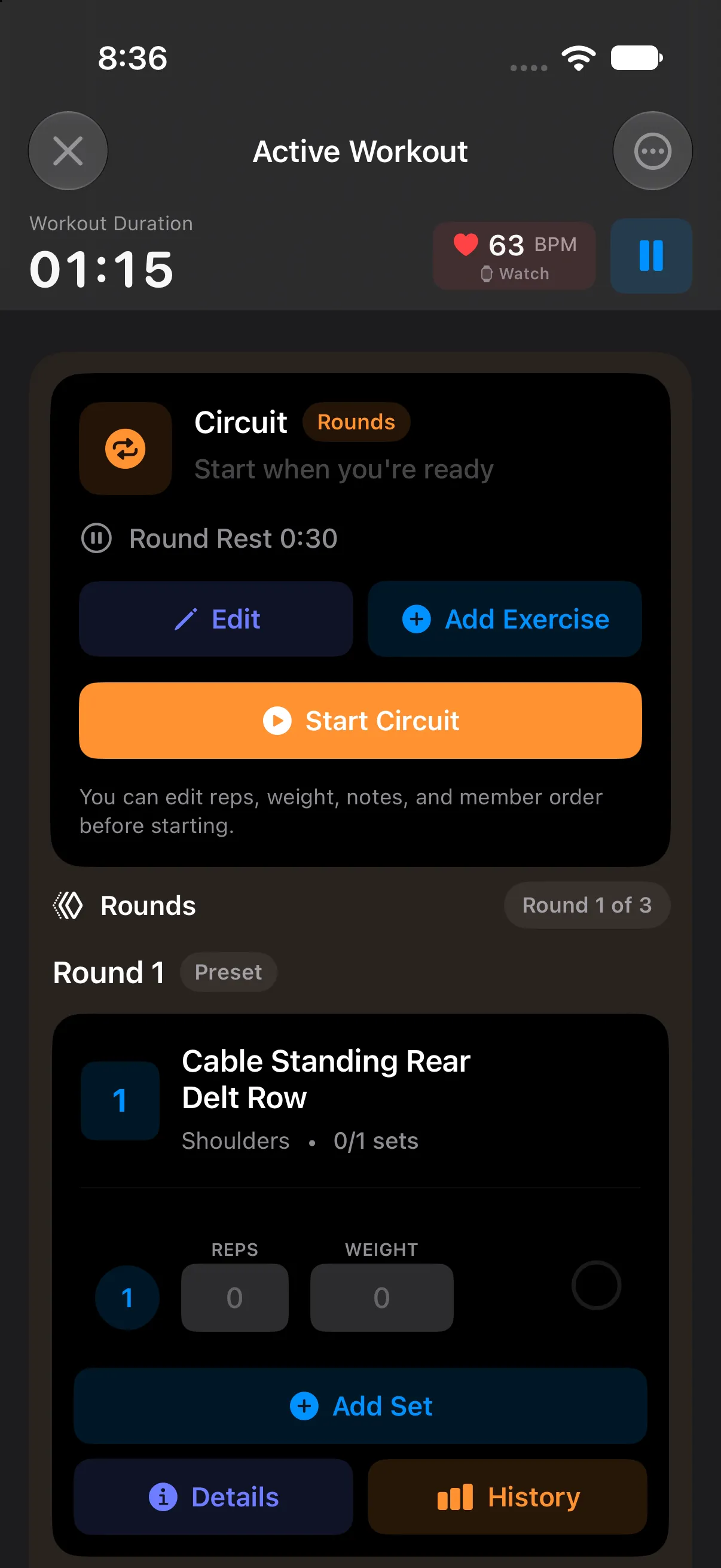 Active workout with a Rounds circuit, round 1 of 3, ready to start
