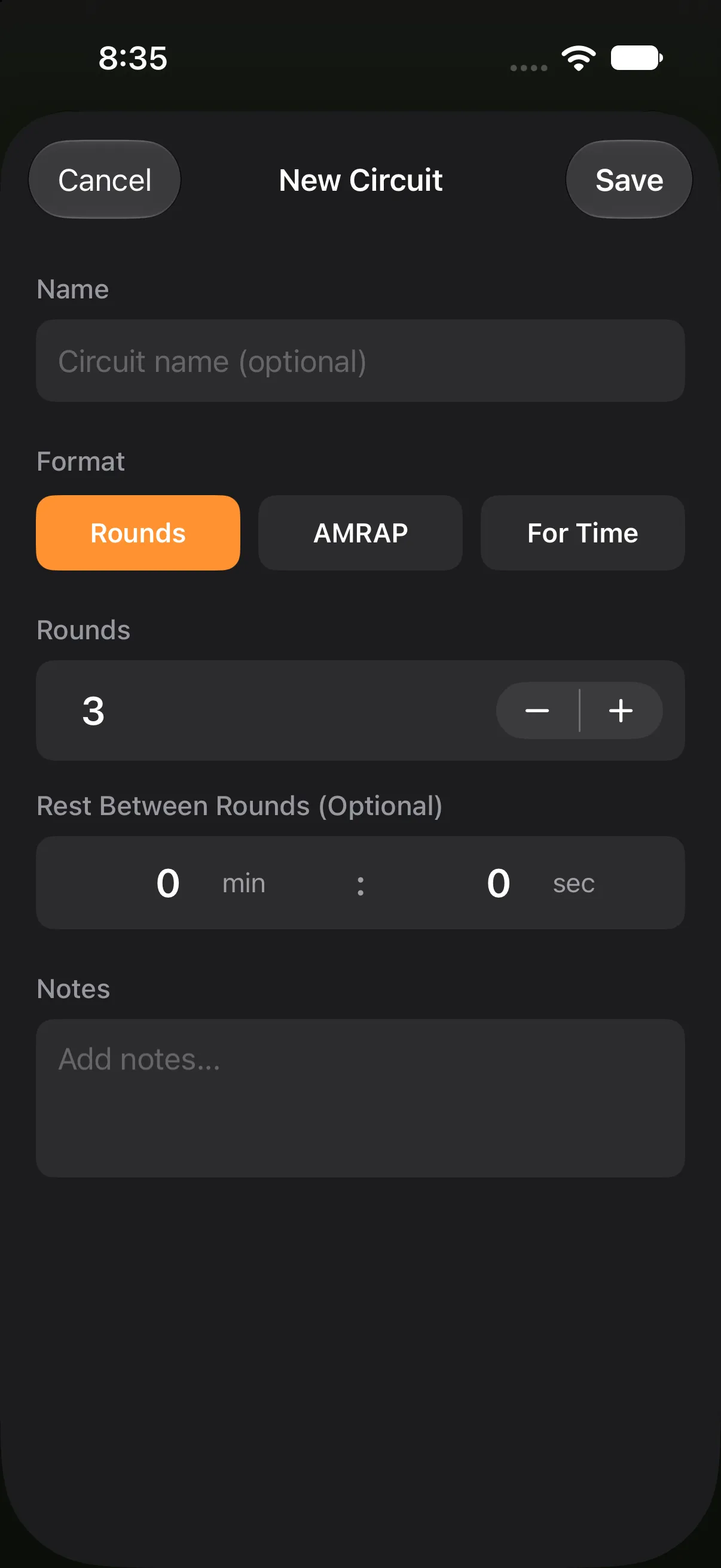 New circuit: choose Rounds, AMRAP or For Time, set 3 rounds and rest between rounds