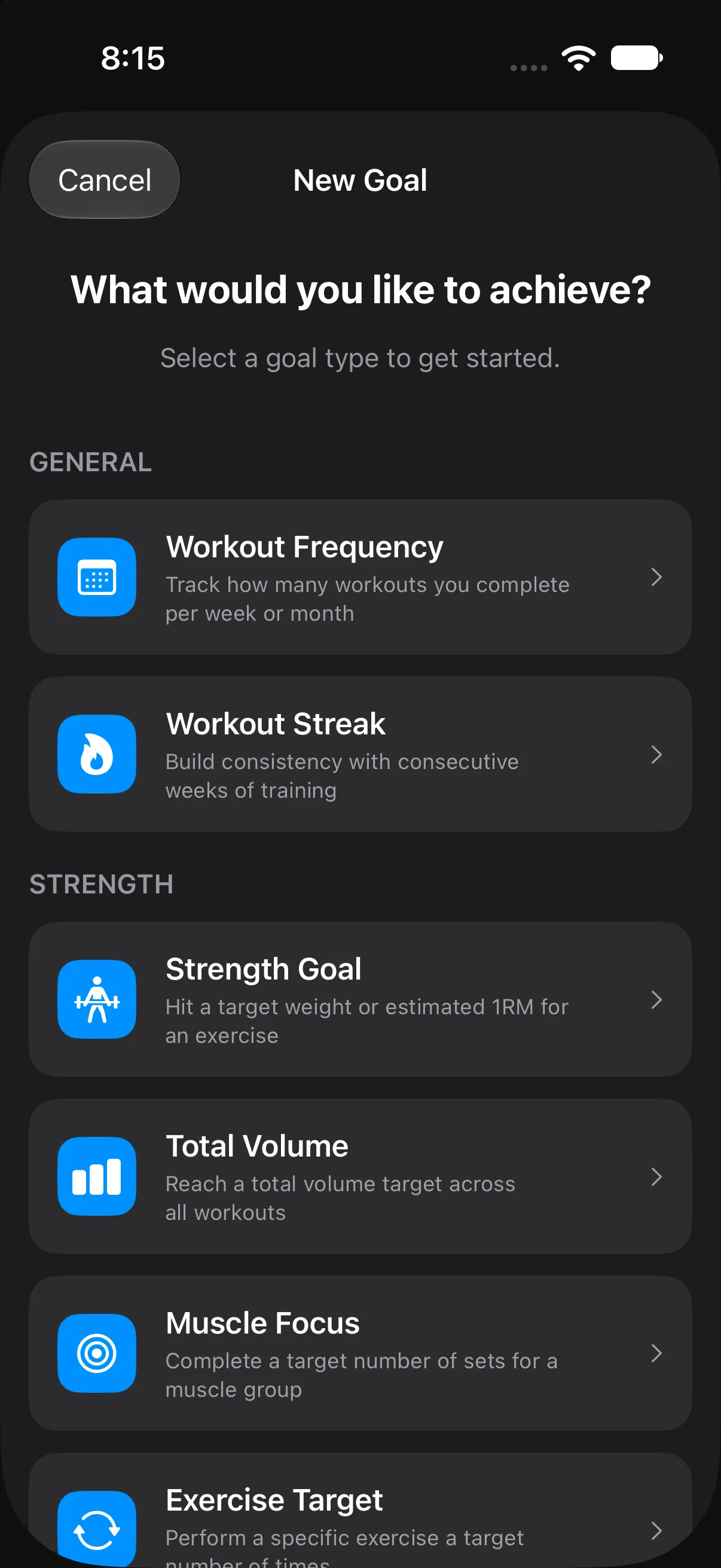 New goal: choose workout frequency, workout streak, strength goal, total volume, muscle focus or exercise target
