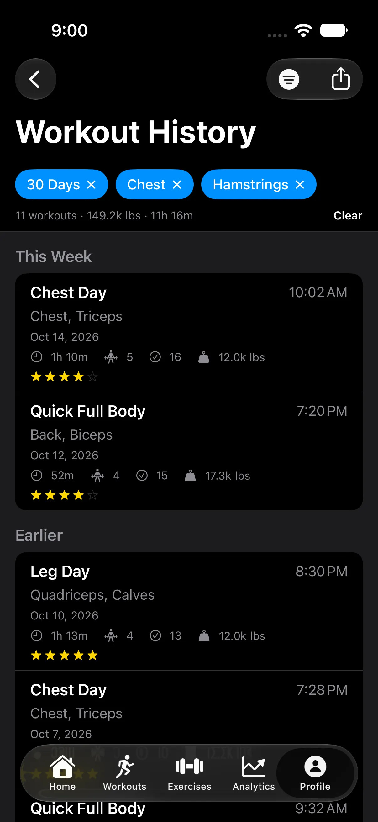 Workout history filtered to 30 days, chest and hamstrings: 11 workouts, 149.2k lbs, 11 hours 16 minutes