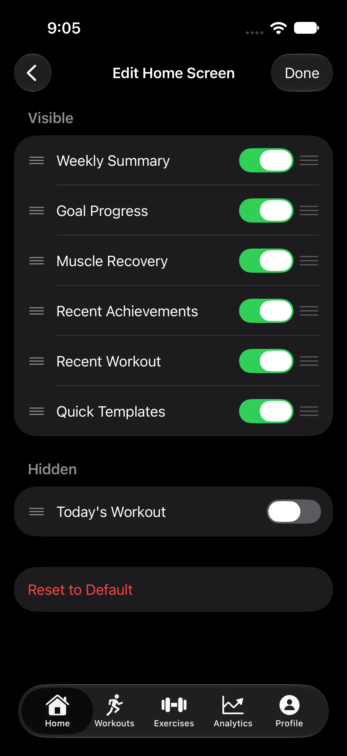 Edit Home Screen: six visible cards with drag handles and switches, Today's Workout hidden, and Reset to Default