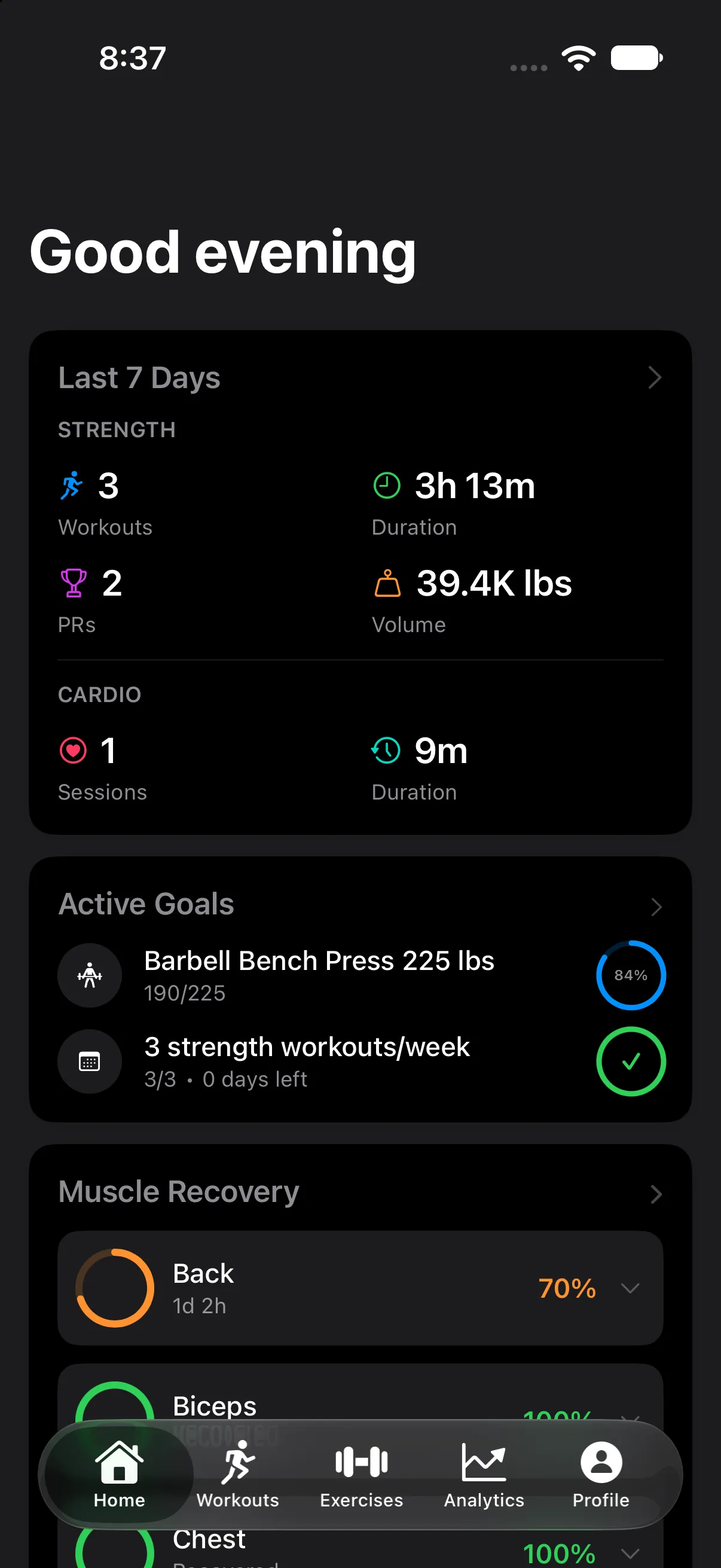 Home: good evening greeting, last 7 days of strength and cardio, active goals with progress rings, and muscle recovery