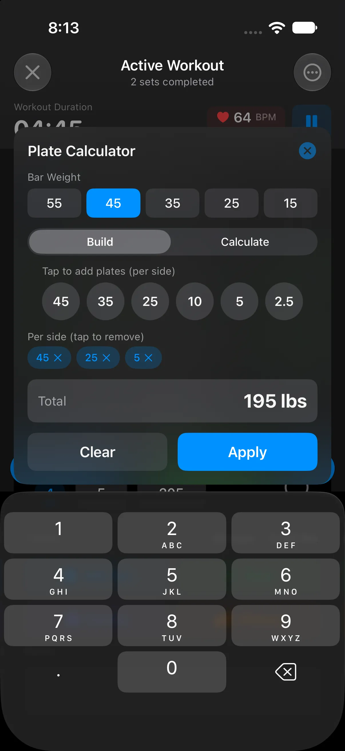 Plate calculator in build mode: tap 45, 25 and 5 lb plates per side on a 45 lb bar for a 195 lb total