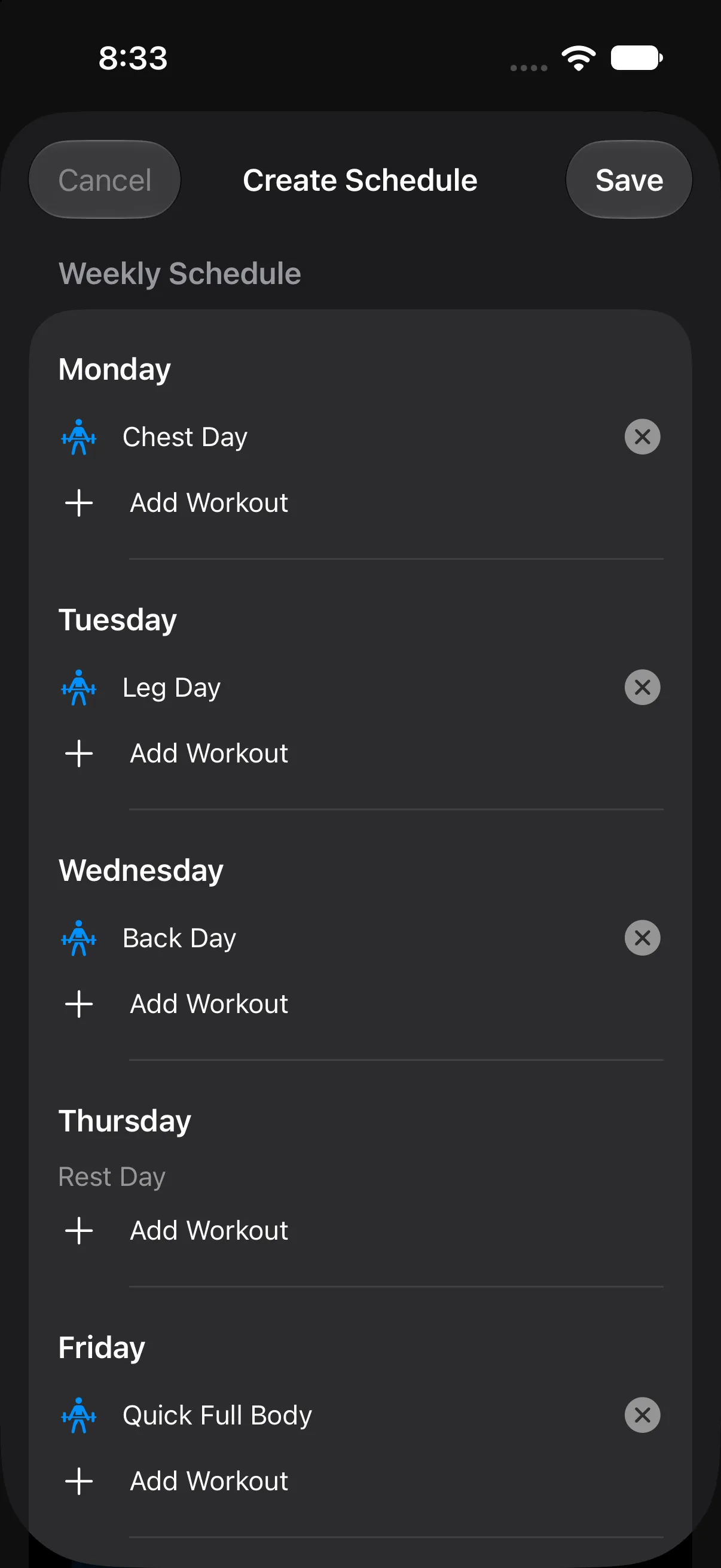 Weekly schedule editor assigning Chest Day, Leg Day, Back Day and Quick Full Body, with Thursday as a rest day