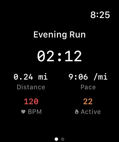 Apple Watch evening run: 2:12 duration, 0.24 miles, 9:06 pace, heart rate and calories