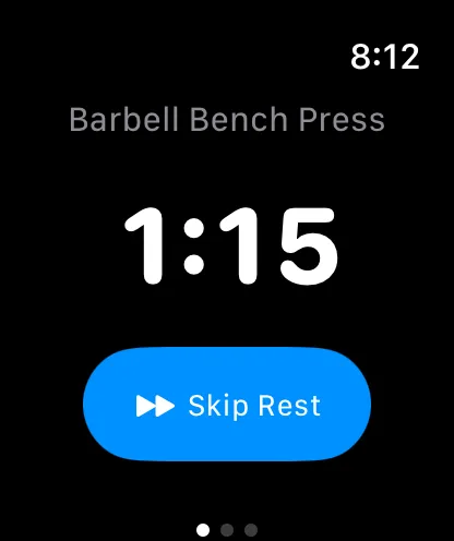 Apple Watch rest countdown at 1:15 with a Skip Rest button
