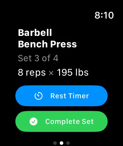 Apple Watch: bench press set 3 of 4, 8 reps at 195 lbs, with Rest Timer and Complete Set buttons