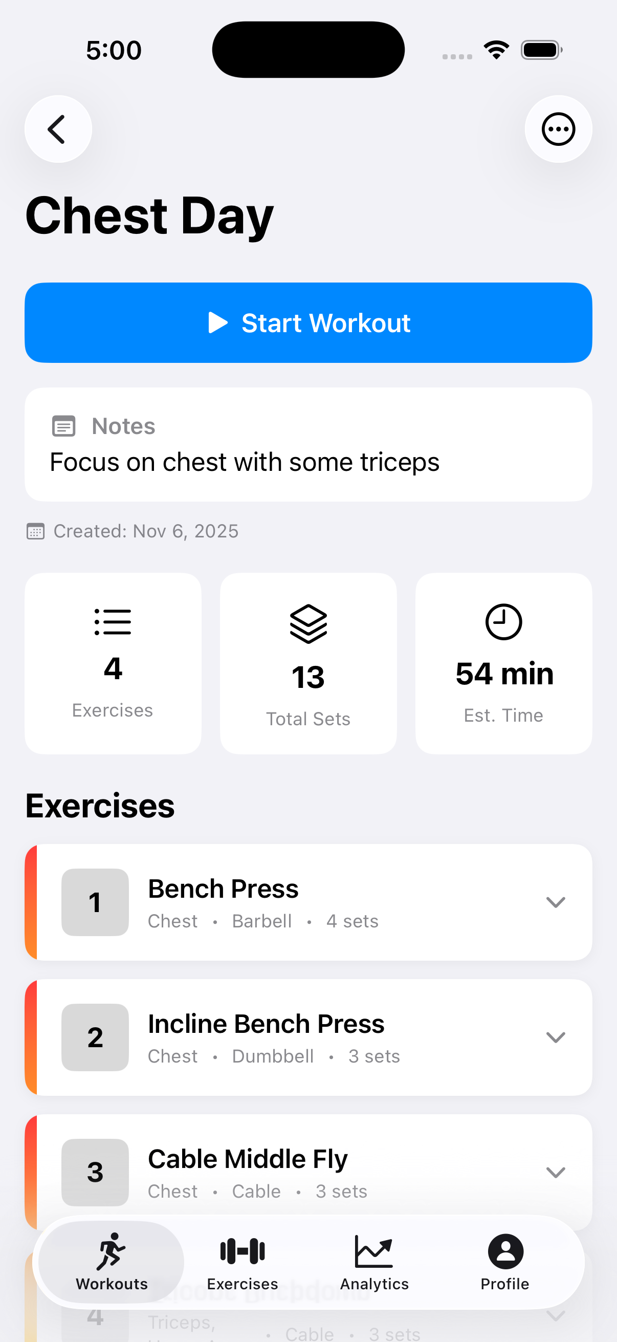Workout template with exercise list